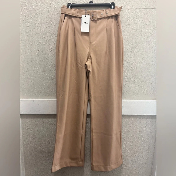 7 for all Mankind Tan Faux Leather Belted Wide Leg Pants NWT M - Picture 1 of 8